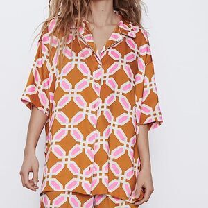 ZARA Top Geometric Print Blouse Pajama Style Satin Shirt Size L